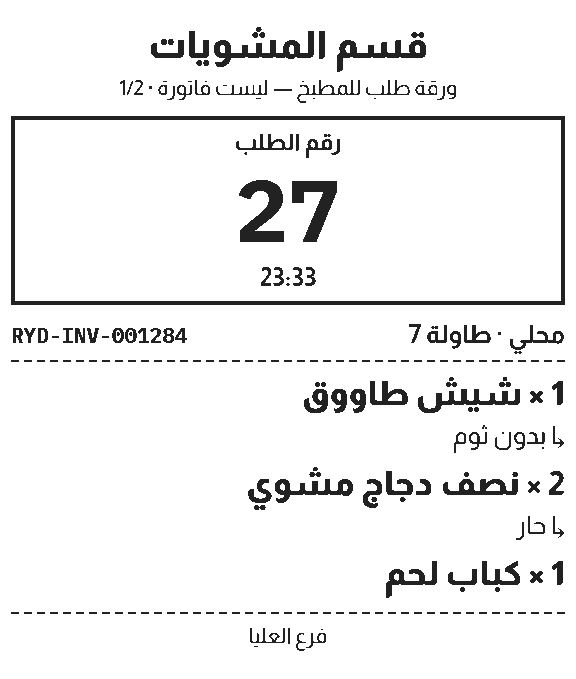 ورقة طلب قسم المشويات برقم الطلب